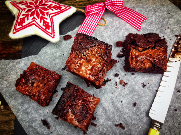 four oozing salted caramel fudge brownies