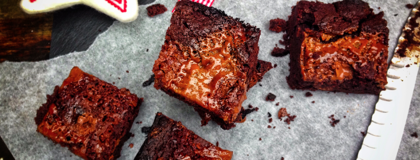 four oozing salted caramel fudge brownies