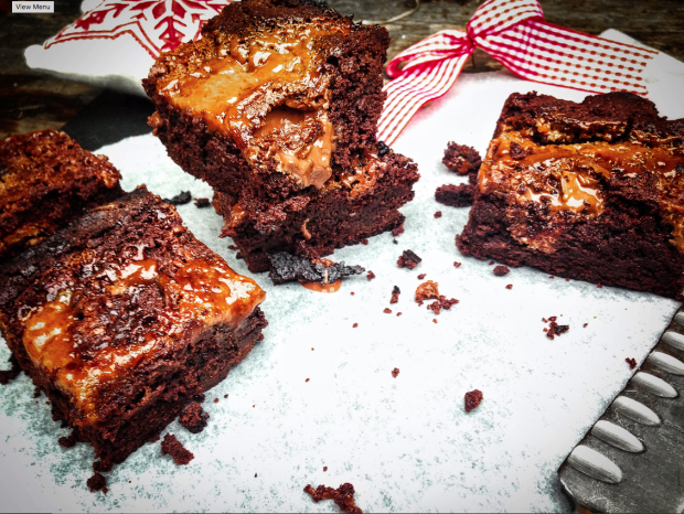 four gooey salted caramel fudge brownies
